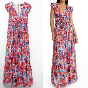 PatBo Violet Maxi Dress V-neck Flutter Sleeve  Multicolor Floral Size 6 New